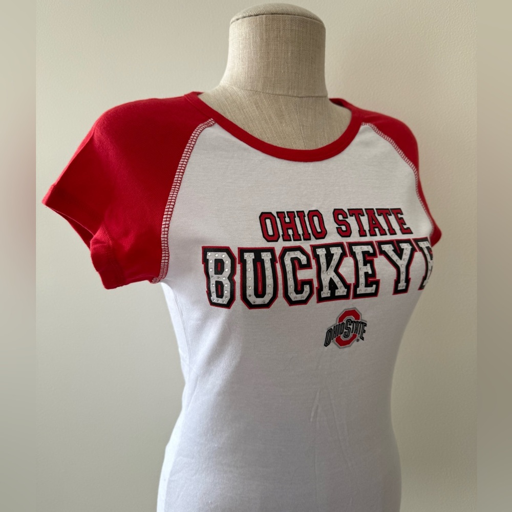 Officially Licensed Ohio State Buckeyes Women's Raglan-Style Jeweled T-Shirt - Picture 4 of 6